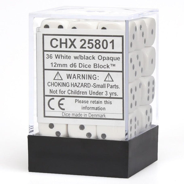 Chessex: d6 Dice 12mm Opaque White/Black (36)